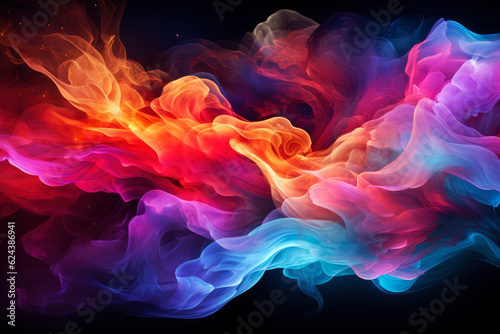 Multicolored abstract smoke with fire on black background, AI Generated