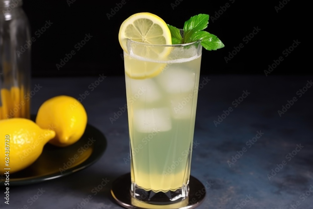 refreshing ice-cold glass of lemonade, garnished with slice of lemon and sprig of mint, created with generative ai refreshing ice-cold glass of lemonade, garnished with slice of lemon and sprig of mint, created with generative ai