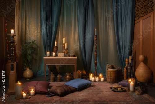 scene of tranquil meditation room with candles  incense  and music  created with generative ai