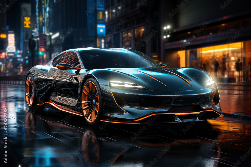 Futuristic sports super car concept on the background of the night city, street racing on expensive exclusive luxury auto, AI Generated