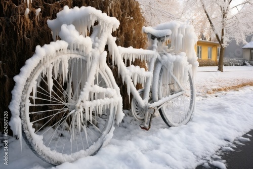 bicycle with ice-covered spokes resting by a snowdrift, created with generative ai