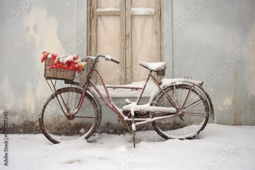 snow-covered tandem bicycle waiting for riders, created with generative ai © Natalia