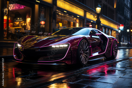 Futuristic sports super car concept on the background of the night city, street racing on expensive exclusive luxury auto, AI Generated