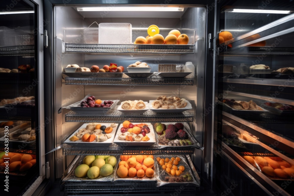 a temperature-controlled holding cabinet with a variety of food products, including fruits and vegetables, created with generative ai a temperature-controlled holding cabinet with a variety of food products, including fruits and vegetables, created with generative ai