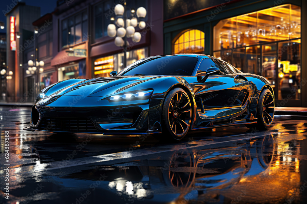 Futuristic sports super car concept on the background of the night city, street racing on expensive exclusive luxury auto, AI Generated