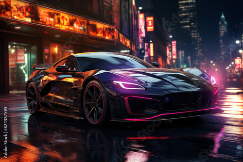 Futuristic sports super car concept on the background of the night city  street racing on expensive exclusive luxury auto  AI Generated