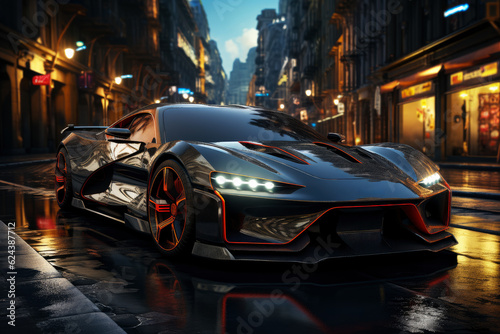 Futuristic sports super car concept on the background of the night city, street racing on expensive exclusive luxury auto, AI Generated © staras