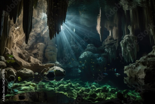 underwater cave full of stalactites and stalagmites, with fish swimming in the background, created with generative ai