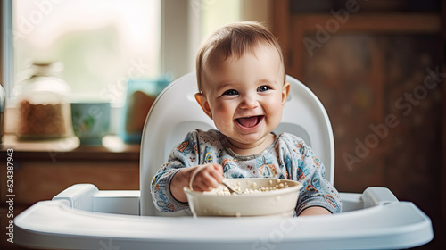 Cheerful baby child eats food itself with spoon. Portrait of happy kid boy in high chair.