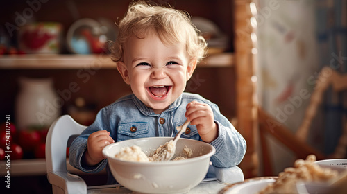 Cheerful baby child eats food itself with spoon. Portrait of happy kid boy in high chair.