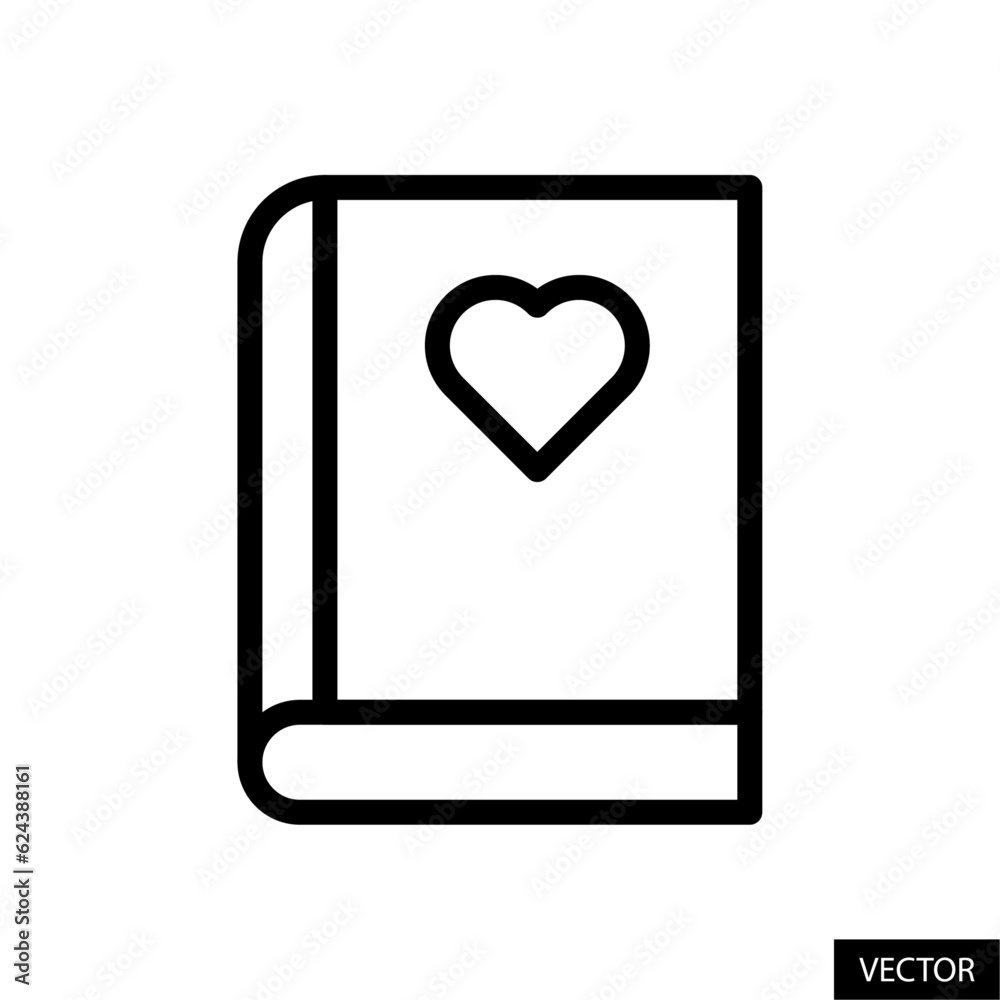Novel, love story, book with heart symbol vector icon in line style design for website, app, ui, isolated on white background. Editable stroke. Vector illustration. Novel, love story, book with heart symbol vector icon in line style design for website, app, ui, isolated on white background. Editable stroke. Vector illustration.