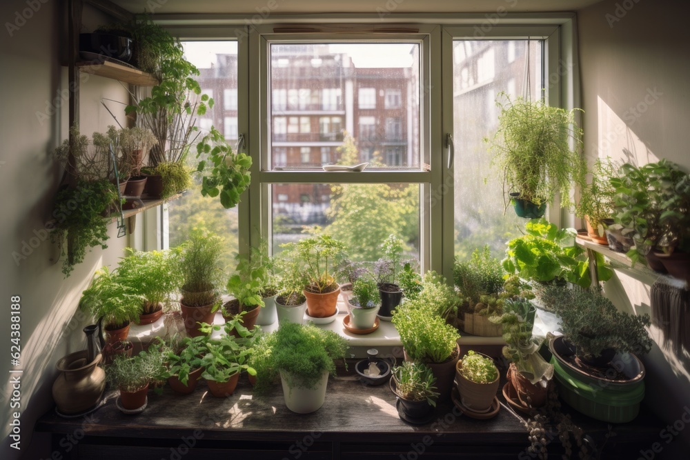window garden filled with colorful plants and herbs, created with generative ai