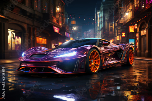 Futuristic sports super car concept on the background of the night city, street racing on expensive exclusive luxury auto, AI Generated © staras