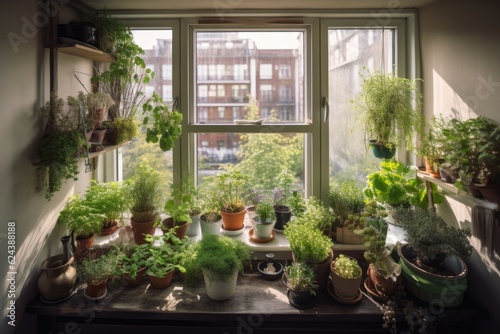 window garden filled with colorful plants and herbs  created with generative ai