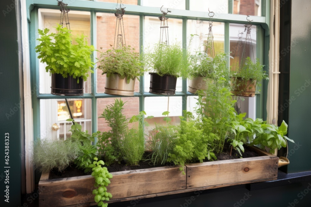 window garden with hanging planters filled with herbs and spices, created with generative ai