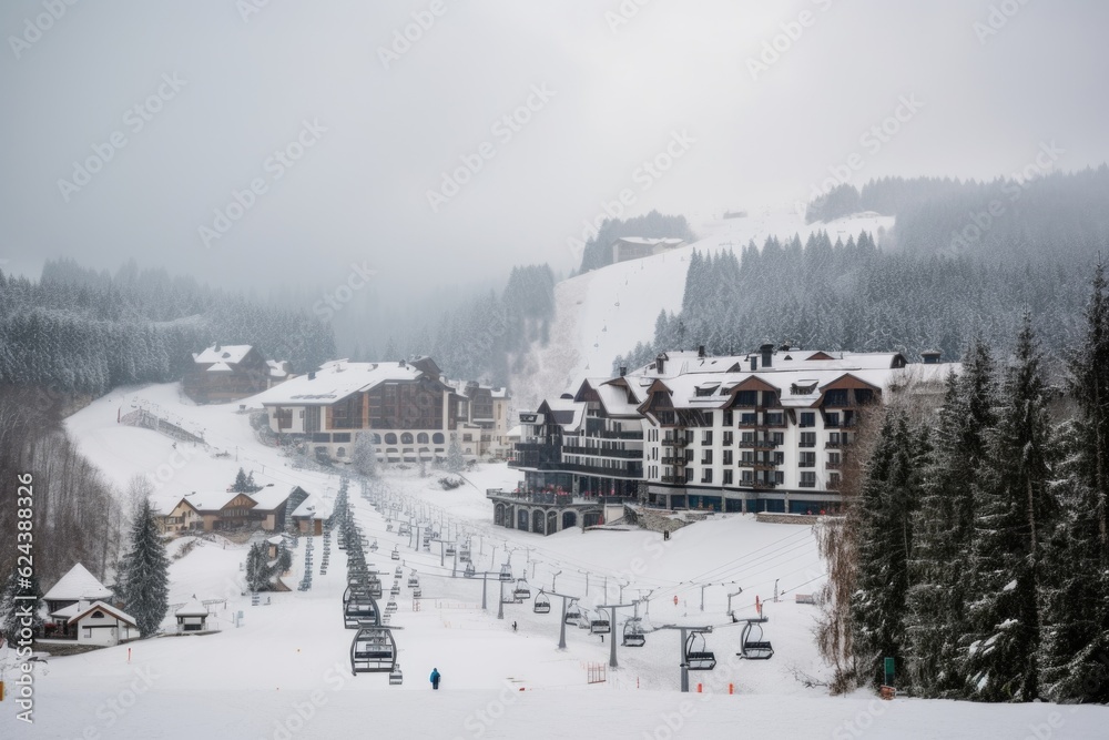 winter sports resort, with view of the slopes and ski lifts, surrounded by mountains, created with generative ai winter sports resort, with view of the slopes and ski lifts, surrounded by mountains, created with generative ai