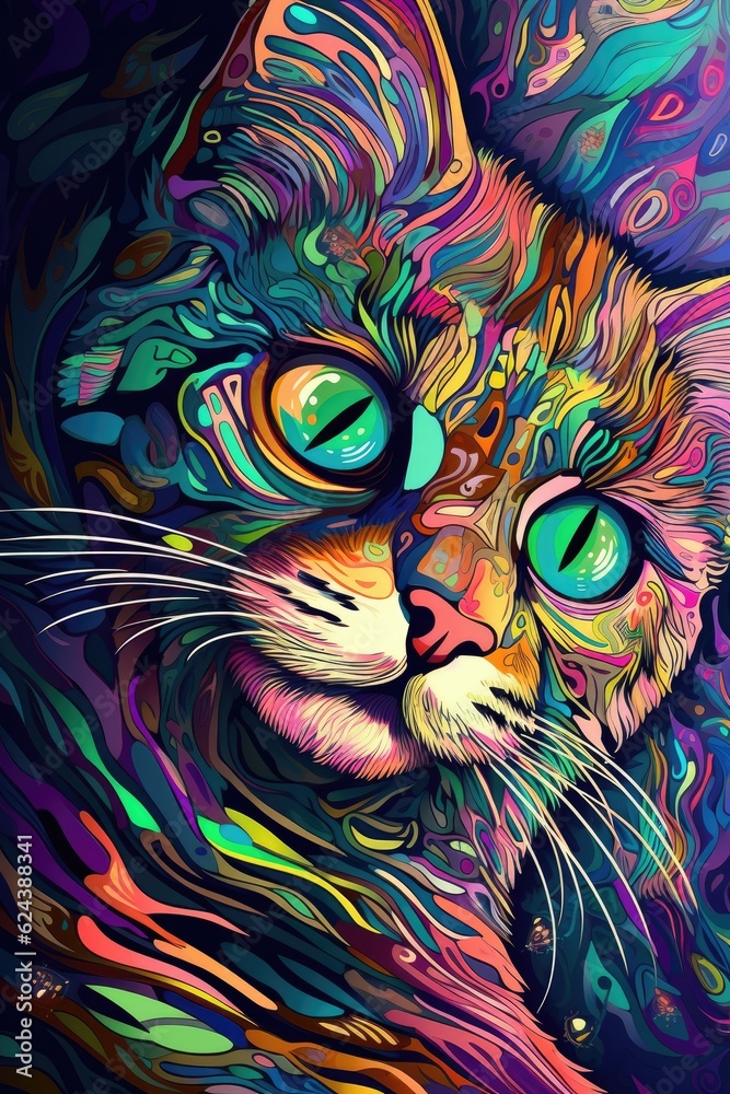 Pixie bob cat psychedelic look. Generative AI