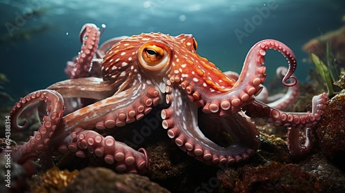 Beautiful octopus with blue sea water