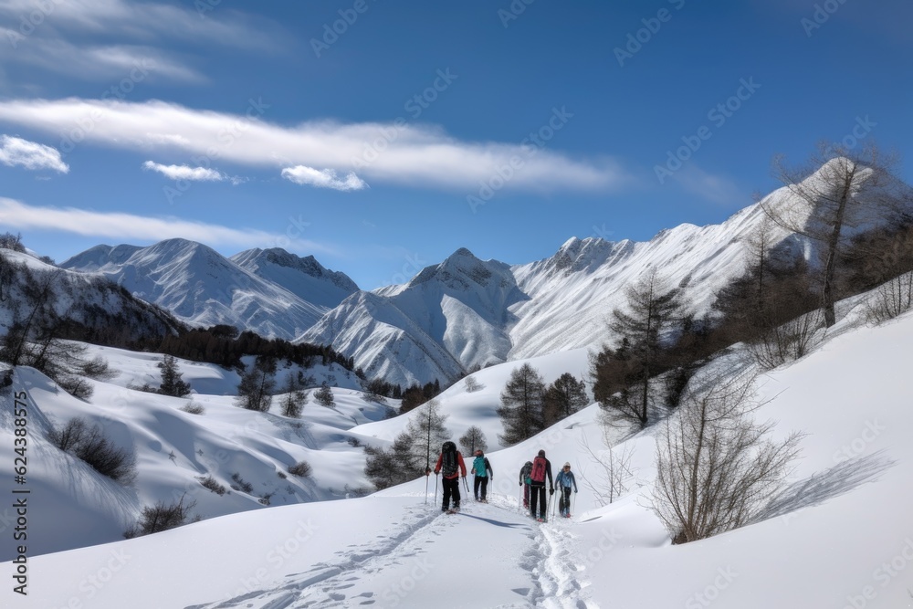 snowshoeing trek with panoramic views of snowy mountains and blue sky, created with generative ai