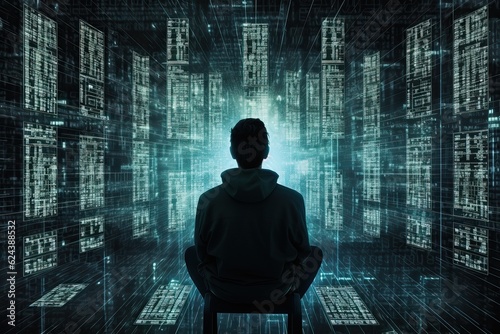 Back view of A hacker in the process of hacking the network. A person sitting in front of multiple monitors. Abstract image of a hacker. Computer security threat.