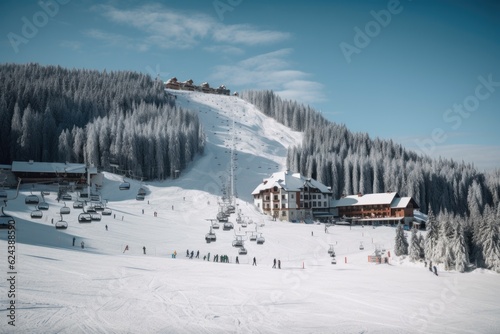 winter sport resort, with skiers and snowboarders enjoying the slopes, created with generative ai