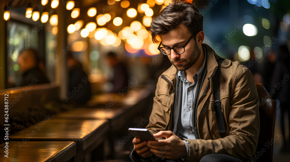man using smart phone while waiting at railroad station Generative AI