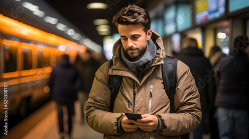 man using smart phone while waiting at railroad station Generative AI © kitti