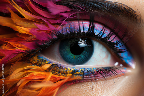 Foto Female eye with bright and colorful makeup with eye shadow, mascara and contact