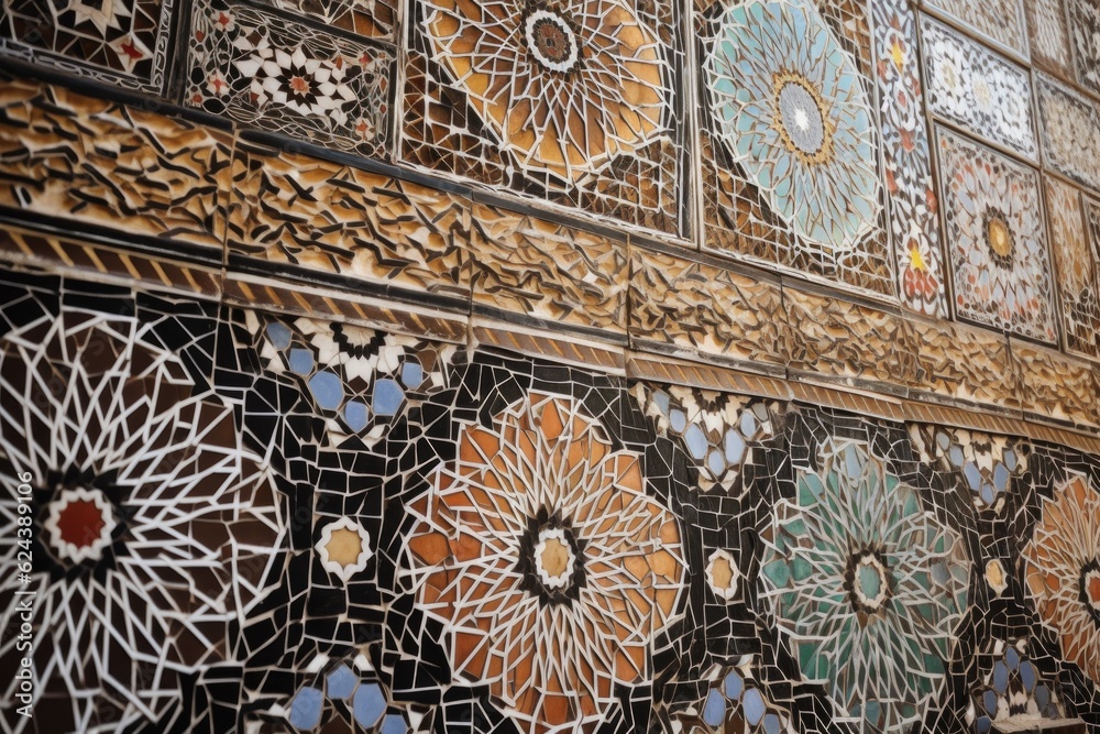 Obraz premium detailed shot of intricate tile pattern on wall, created with generative ai