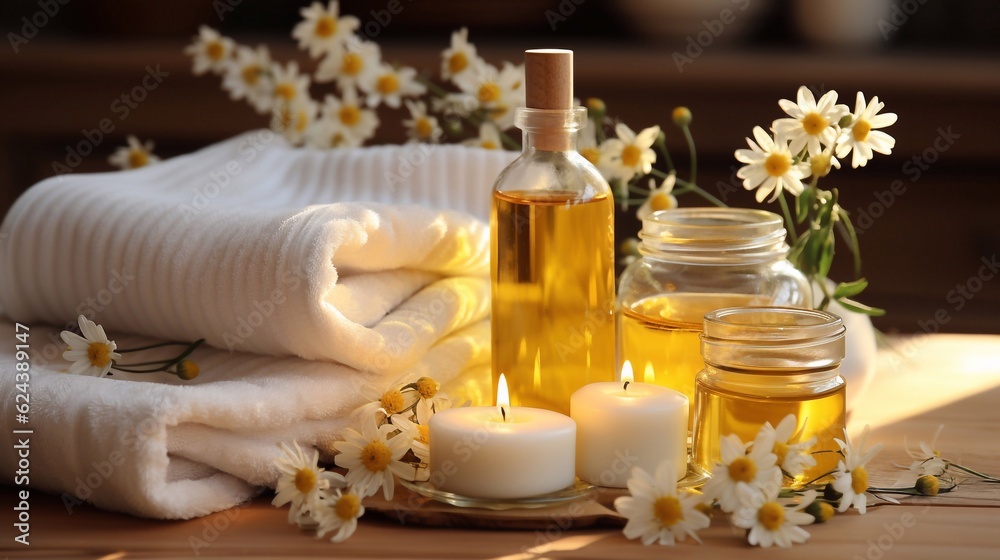 Cosmetics for body care. Massage oils and towels with candles and creams on a background of flowers chamomile. Spa. Generative AI Cosmetics for body care. Massage oils and towels with candles and creams on a background of flowers chamomile. Spa. Generative AI
