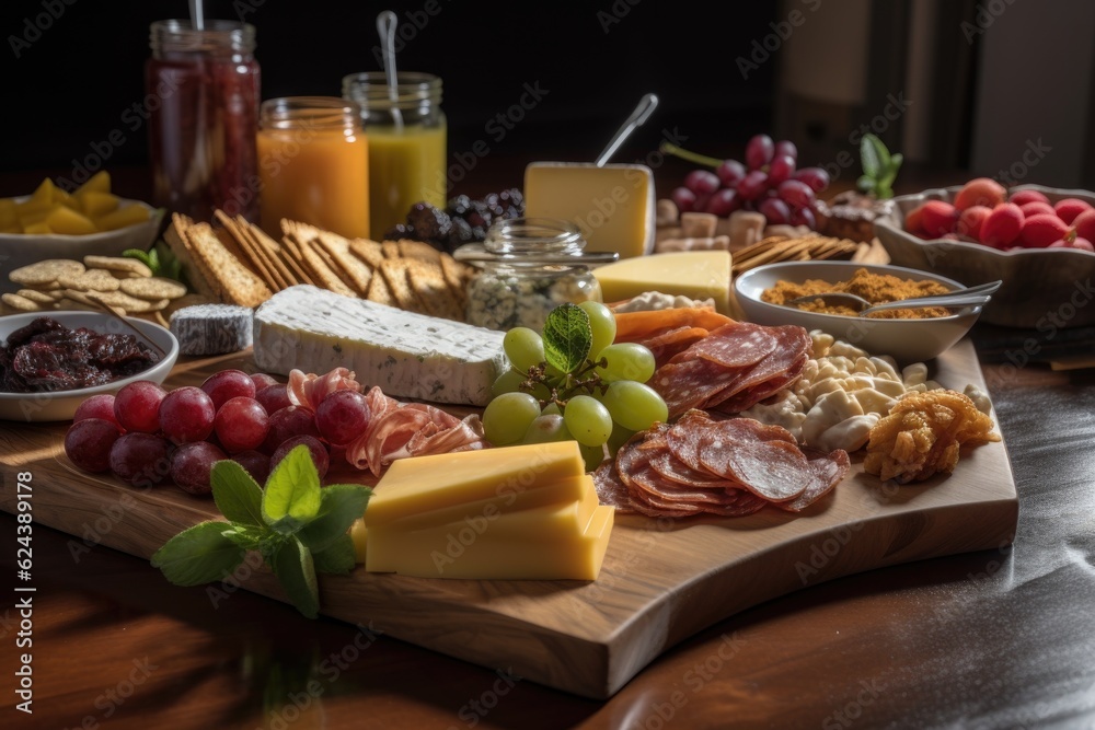 platter of assorted cheeses, cured meats, and fruit accompaniments, created with generative ai platter of assorted cheeses, cured meats, and fruit accompaniments, created with generative ai
