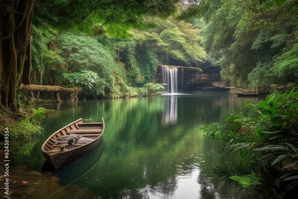 peaceful scene with cascading waterfall and rowing boat in the foreground, created with generative ai