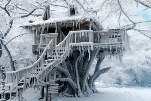 snow-covered treehouse with icicles hanging from roof, created with generative ai