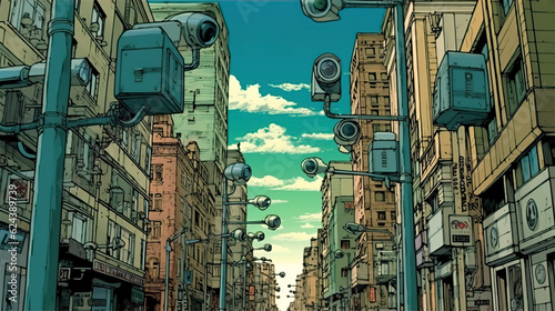 Mass surveillance cameras city - AI Generated photo