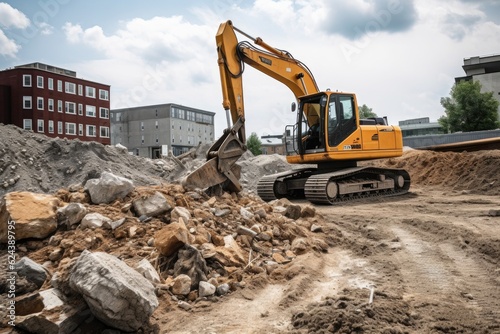 excavator moving large rocks and debris in construction site, created with generative ai