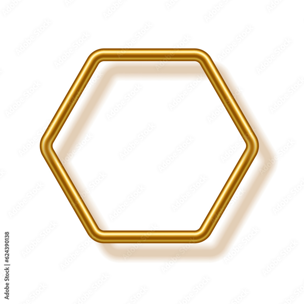 Gold hexagon shape frame for picture with shadow on white background. Blank space for picture, painting, card or photo. 3d realistic tube template vector illustration. Simple golden object mockup Gold hexagon shape frame for picture with shadow on white background. Blank space for picture, painting, card or photo. 3d realistic tube template vector illustration. Simple golden object mockup