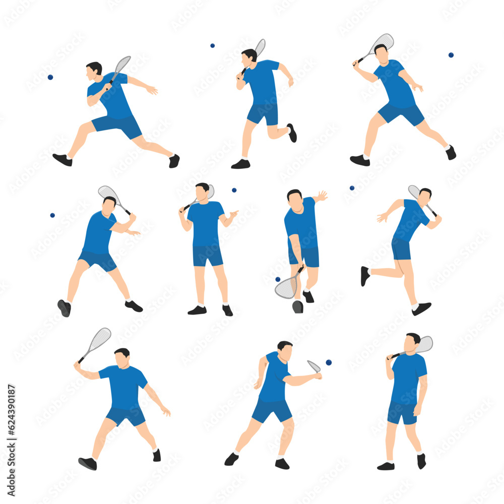 Squash players man character set. Flat vector illustration isolated on white background