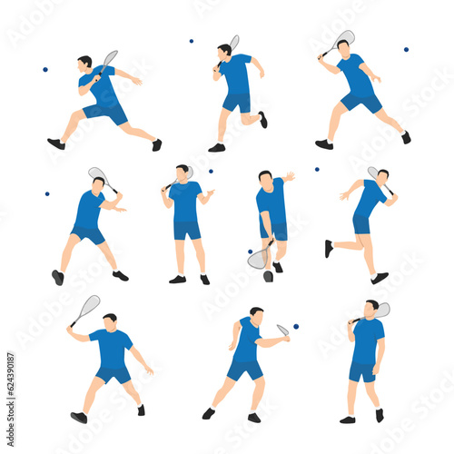 Squash players man character set. Flat vector illustration isolated on white background