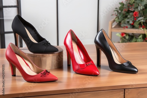 elegant footwear collection, featuring classic black heels and red accents, created with generative ai