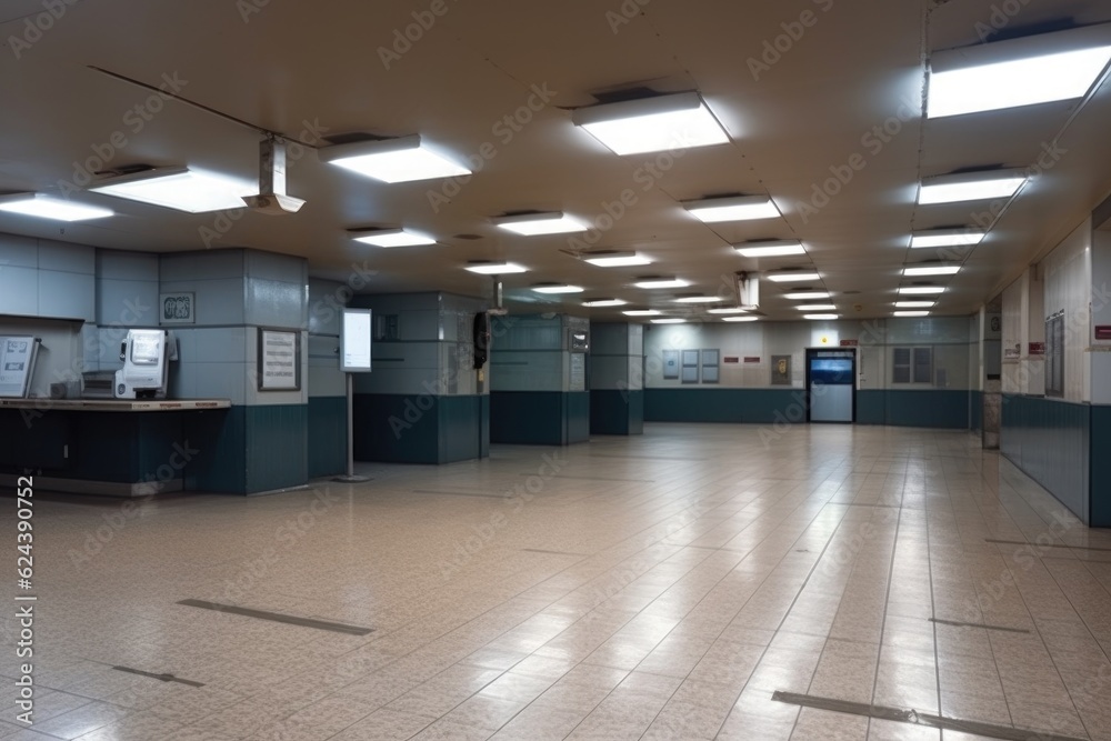 Fototapeta premium empty airport terminal with emergency lights and sirens, indicating emergency situation, created with generative ai