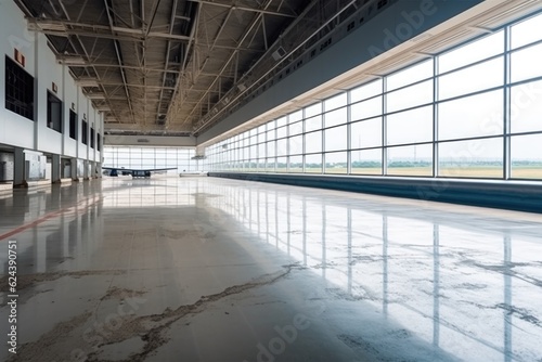 empty airport terminal, with view of the runway and airplanes, in minimalist industrial setting, created with generative ai