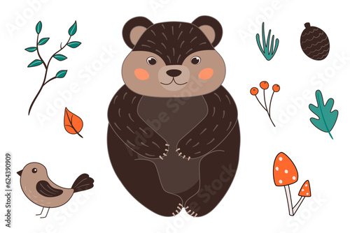 Vector illustration with cute bear, bird, mushrooms, cone, twig in cartoon style. Forest animals and plants.