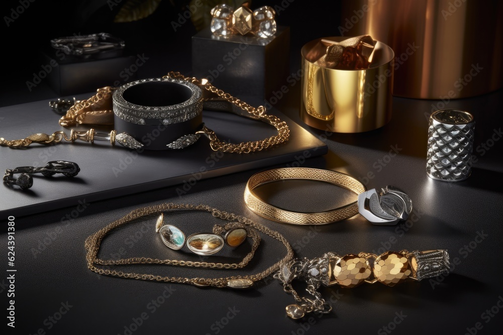 array of metallic accessories, including bracelets, necklaces, and earrings, created with generative ai array of metallic accessories, including bracelets, necklaces, and earrings, created with generative ai