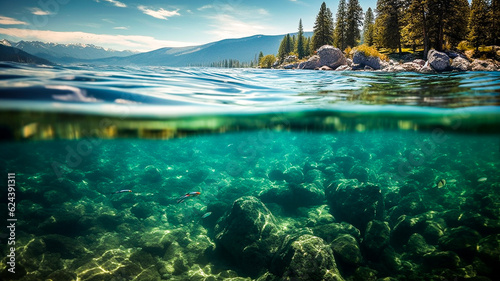 Paysage de lac de montagne avec vue en coupe sous l'eau et sur l'eau - Générative IA