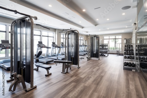 a well-equipped fitness center with a variety of exercise equipment, including weight machines and free weights, created with generative ai