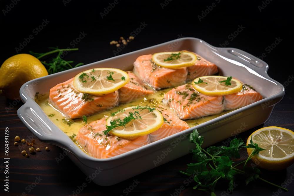 Generated photorealistic image of baked salmon in a creamy sauce with lemon slices and herbs Generated photorealistic image of baked salmon in a creamy sauce with lemon slices and herbs
