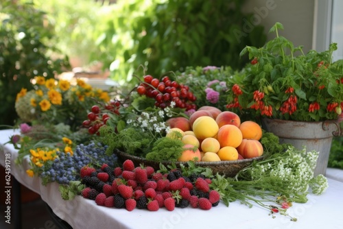 refreshing arrangement of fruit, herbs and veggies for summertime, created with generative ai