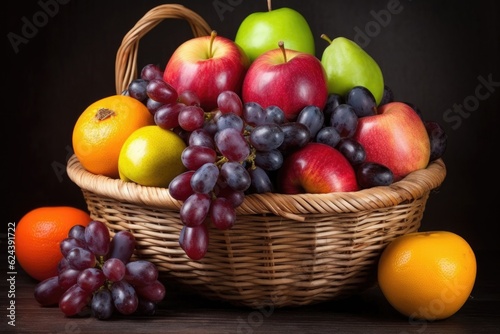 stack of ripe and juicy fruits in basket, created with generative ai