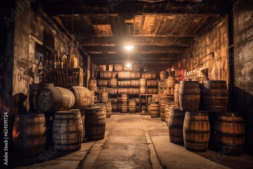 Photo aged whiskey barrels stacked in a rustic warehouse, created with generative ai