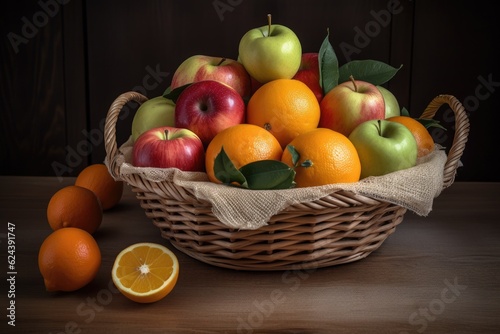 classic fruit basket  with apples and oranges in season  created with generative ai